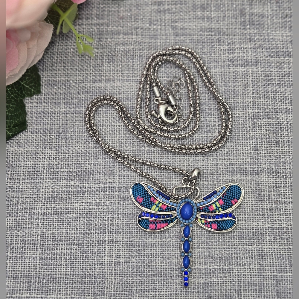 Vintage Silver Tone Dragonfly‎ Necklace Pendant Blue Beads Handmade
